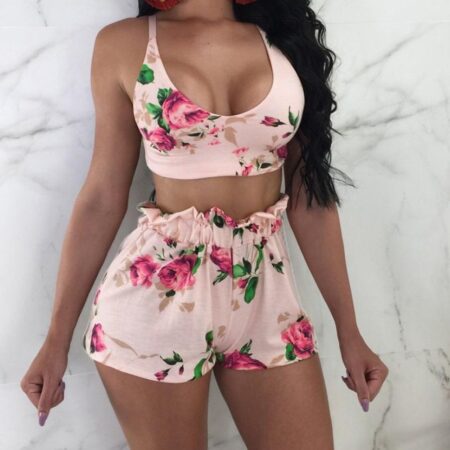 Sleeveless Bustier Two-Piece Casual Crop Top High Waist Shorts Outfit
