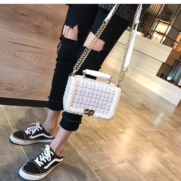 fashionable designer woolen pearl square tote handbag