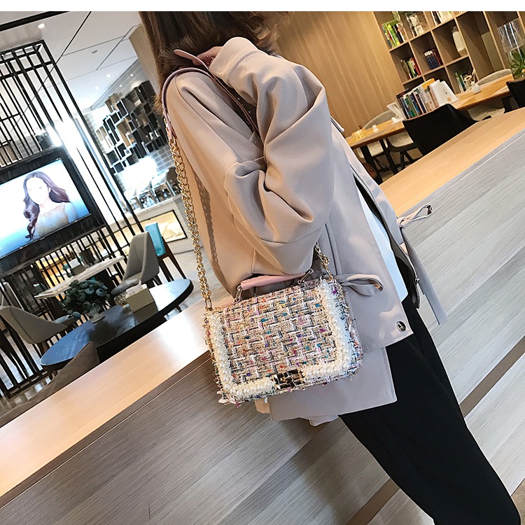 fashionable designer woolen pearl square tote handbag