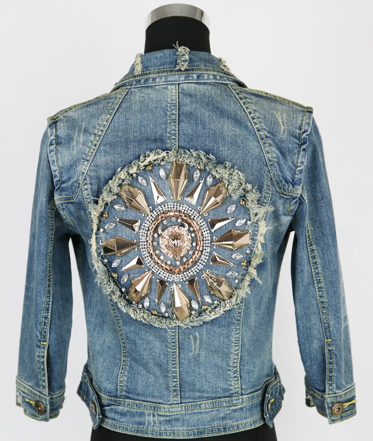 diamond studded half sleeve denim jeans jacket